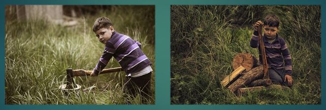 boy working hard chopping wood