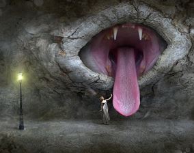 weird picture of giant tongue coming out of wall with lady standing next to it