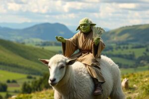 Yoda Jedi sitting on a sheep in beautiful countryside with money in his hand